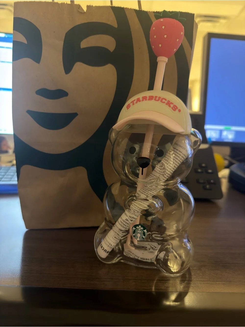 Starbucks Clear Bear Tumbler with Pink Cap and Strawberry Straw